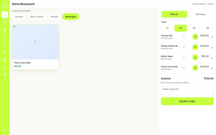 DineOS POS with a table selected and an order cart with subtotal