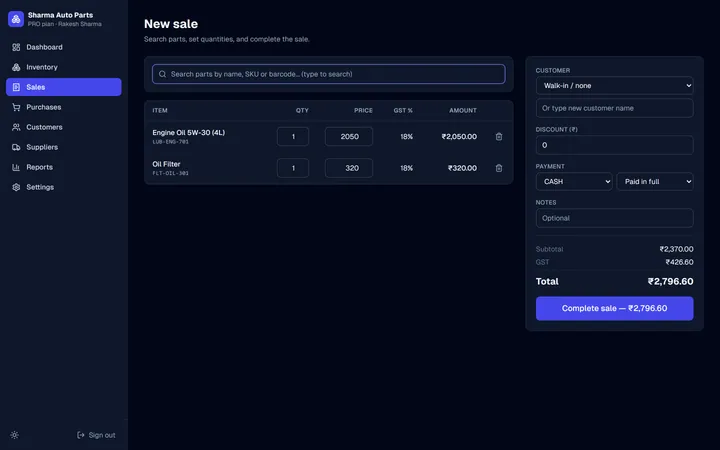 PartsOS new sale screen with two parts, GST and total