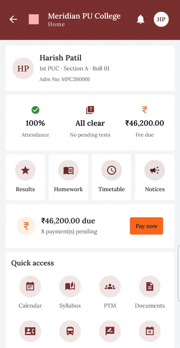 School OS parent app home with attendance, tests and fee due